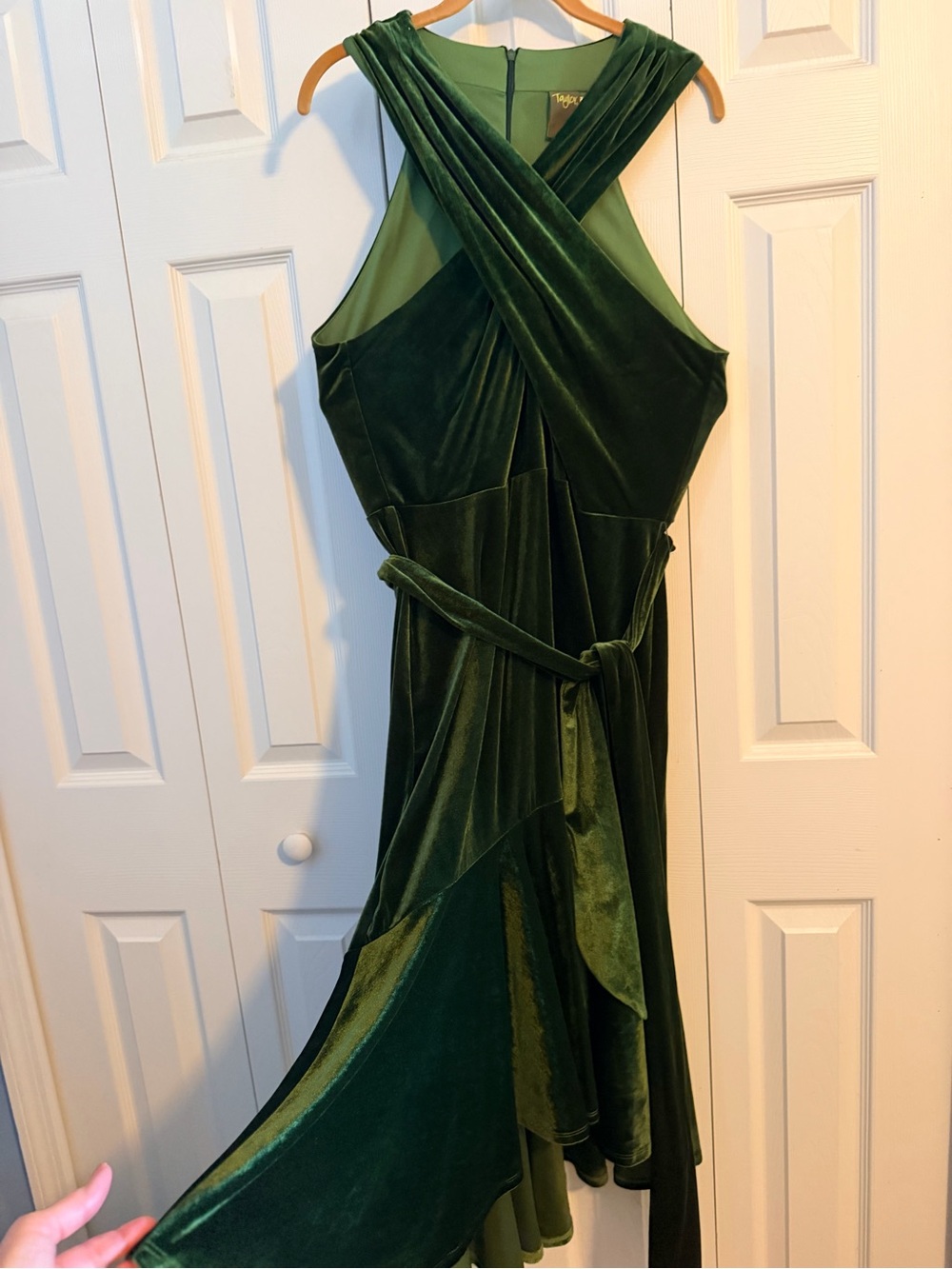 Taylor Emerald Green Velvet Asymmetrical Wrap Dress